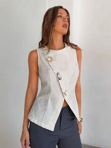 Aloruh 女士春夏新款杏色纯色亚麻西装背心外套，斜领设计，金属纽扣装饰，优雅休闲职业装 - 杏色 - 查看 4