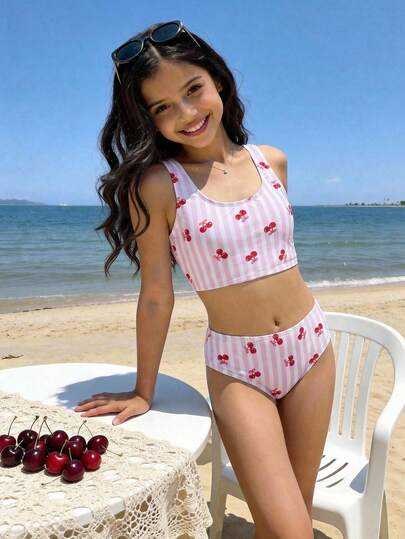 SHEIN Vintage Pink Striped, Cute Pink Bow & Cherry Print, Casual Minimalist Swimwear For Tween Girls, Suitable For Summer Vacation