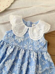 LMoss Kids Đầm casual không tay họa tiết hoa nhí cho bé gái, cổ Peter Pan. - Màu xanh lam - Xem 4