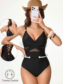 Shapewave Bộ bikini một mảnh màu đen trơn dành cho nữ, thích hợp mặc đi biển mùa hè, có dây đeo vai điều chỉnh được và chức năng nâng đỡ vùng bụng. - màu đen - Xem 1