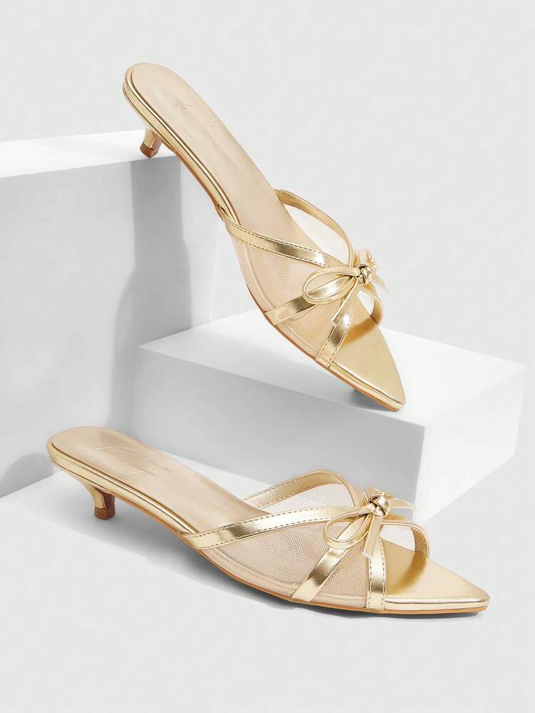 CUCCOO SZL Women's Gold Metal PU Mesh Splicing Spring And Summer Pointed Toe Bow Decoration Fashionable Elegant Thin Heel Slippers Spring Shoes Prom Heels