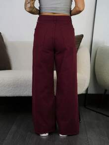 SAYEHFBABY Casual Solid Color Wide Leg Jeans - Burgundy - View 2