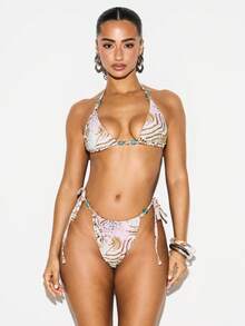 KIZN Women's Triangle Bikini Set With Mixed Animal Print Halter Top And Tie Side Bottoms Beach Summer Swimwear - Green - View 1