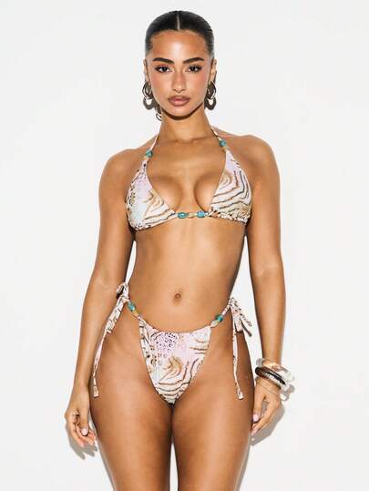 KIZN Women's Triangle Bikini Set With Mixed Animal Print Halter Top And Tie Side Bottoms Beach Summer Swimwear