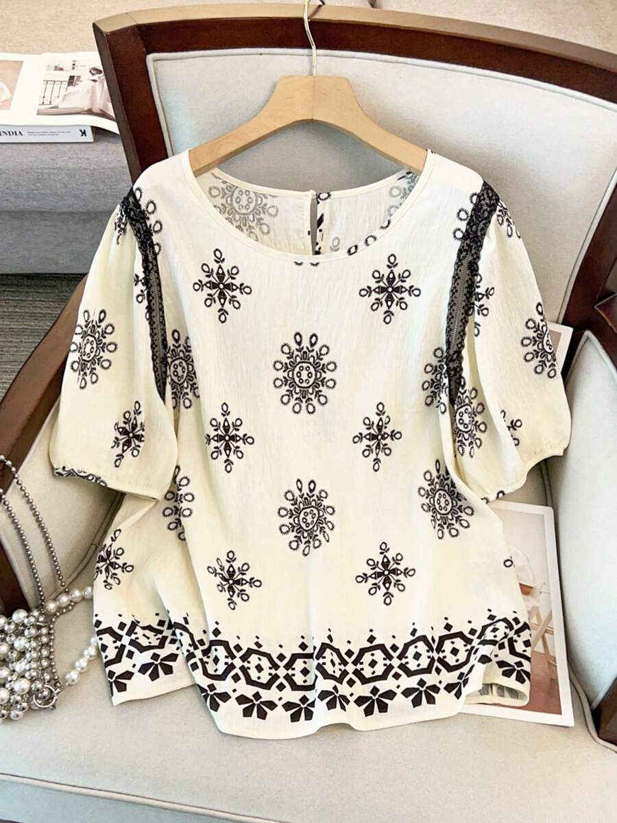 GlowEve CURVE Plus Size Women's Black And White Bohemian Print Blouse Top,Elegant Summer Boho French Style Loose Fit Casual Short Sleeve Shirt For Tea Party,Beach - Multicolor - View 1
