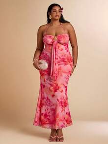 SHEIN BAE 大码女士度假针织网纱渐变浪漫修身露背系带金属扣装饰鱼尾长裙，适合派对、约会、下午茶等场合，性感优雅的夏季兰花长裙，海滩度假、夏季穿搭、假日、婚礼季、海滩邮轮度假、情人节穿搭、浪漫连衣裙、性感约会装、碎花连衣裙、粉色连衣裙 - 粉色 - 查看 7