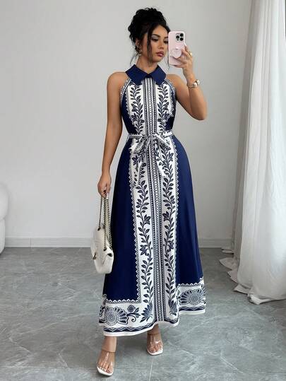 SHEIN Elenzya שמלת אביב/קיץ יוקרתית בצבע כחול לנשים עם הדפס דיגיטלי ללא שרוולים, צווארון מנדרינית, מותן פטריות וכפתורים, קפלים וקז'ואל, עיצוב נישה רטרו (פסים קשירה, ללא הדפס מיקום)