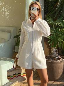 DAZY Women's Elegant Lace Patchwork Faux Pocket Zipper Collar Jumpsuit, Spring/Summer - Apricot - View 7