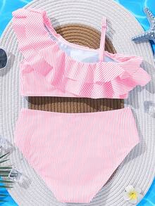 SHEIN Pink And White Striped,Summer,Cute,Beach,Holiday Tween Girl Tankini Swimwear Set,Spaghetti Strap Ruffle Swimtop,High Waist 2 Pieces Bathing Suit,Teen - Multicolor - View 2