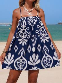 SoleilVie Women's Beaded Floral Print Casual Vacation Elegant Beach Cover-Up Dress - Navy Blue - View 1