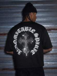 AXEPEAK 男士休闲宽松短袖T恤，白色，带印花水钻手工标签，夏季 - 黑色 - 查看 3