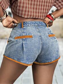 Slaydiva 女士休闲日常通勤时尚撞色包边褶皱牛仔短裤，夏季 - 藍色 - 查看 2