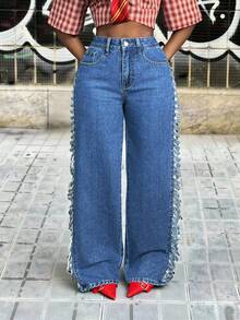 Slaydiva 女士高腰侧边破洞阔腿牛仔裤 - 藍色 - 查看 5