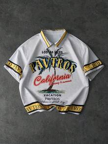 PAVTROS 男士街头风美式复古度假风短袖T恤，Polo领半开襟设计，休闲风格，加州夏日轻松氛围图案设计，适合日常出行、轻度社交场合、户外休闲、街头时尚穿搭、节日礼物、男友礼物 - 白色 - 查看 1