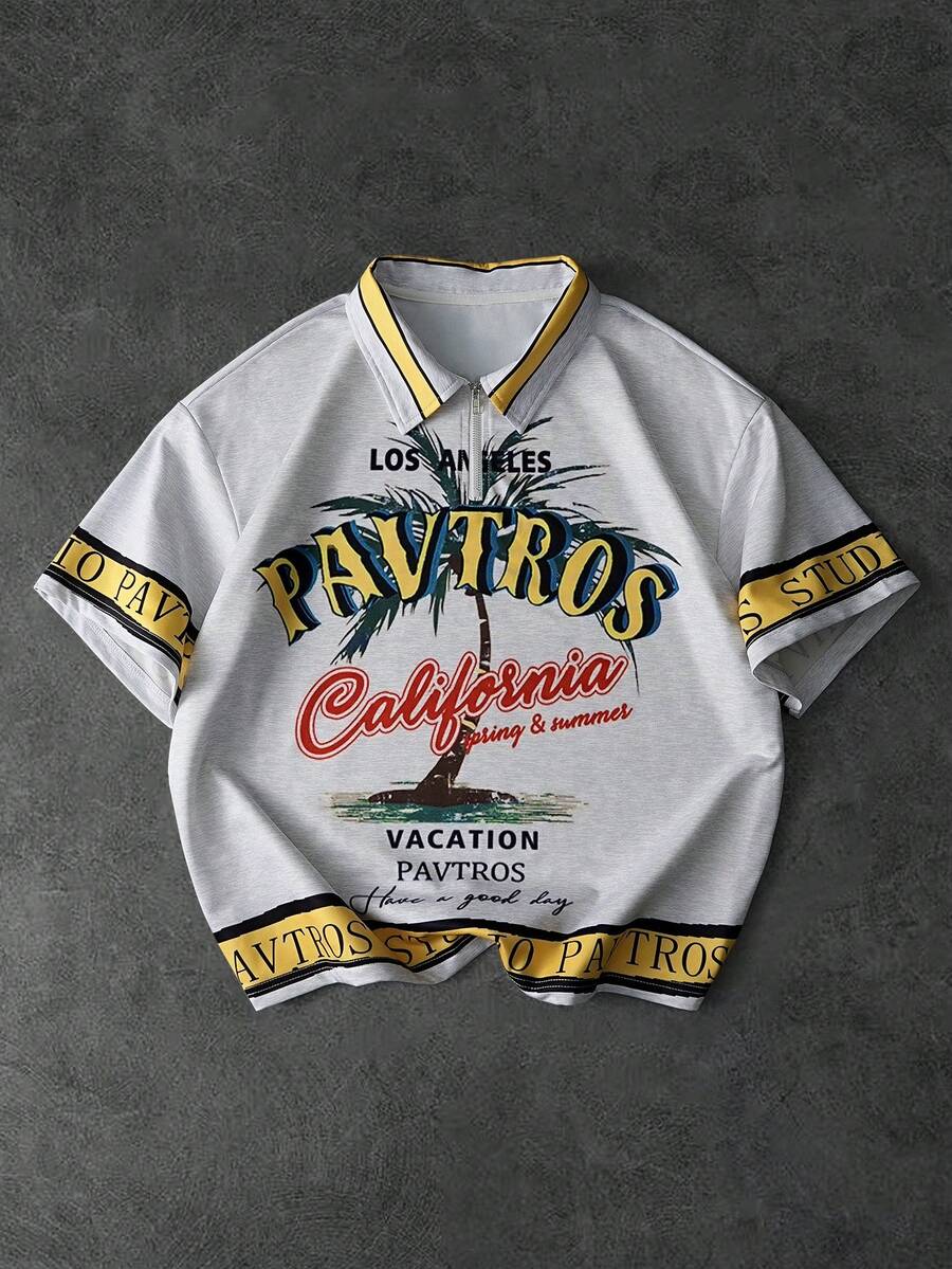 PAVTROS 男士街头风美式复古度假风短袖T恤，Polo领半开襟设计，休闲风格，加州夏日轻松氛围图案设计，适合日常出行、轻度社交场合、户外休闲、街头时尚穿搭、节日礼物、男友礼物 - 白色 - 查看 1