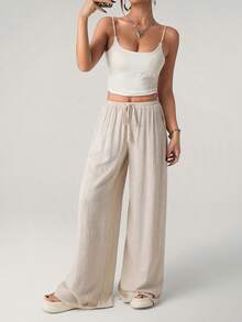 SHEIN ICON 女士休闲纯色抽绳腰直筒裤 - 杏色 - 查看 5