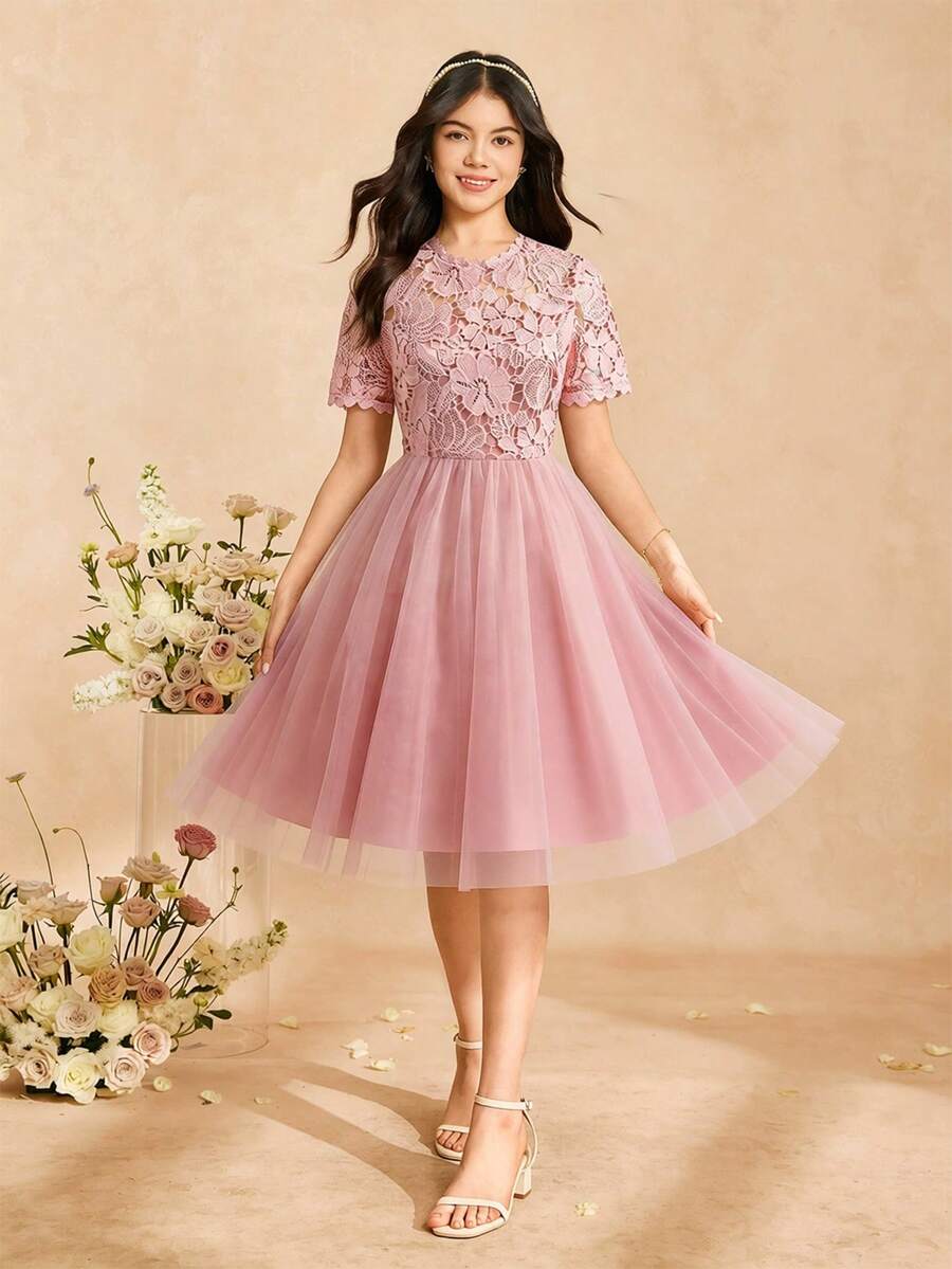 Đầm ngắn tay cổ cao phối ren và lưới, thanh lịch và trẻ trung, phù hợp cho đám cưới, tiệc tùng, sinh nhật, tiệc chiêu đãi và mọi mùa. - Hồng - Xem 1