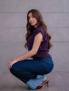 Hitanina 优雅高领宽松休闲百搭秋冬无袖针织毛衣背心 - 紫色 - 查看 5