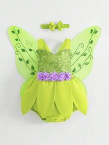 SHEIN 3pcs/Set Baby Girl Sequin Floral Print Bodysuit With Wings And Headband - Green - View 1
