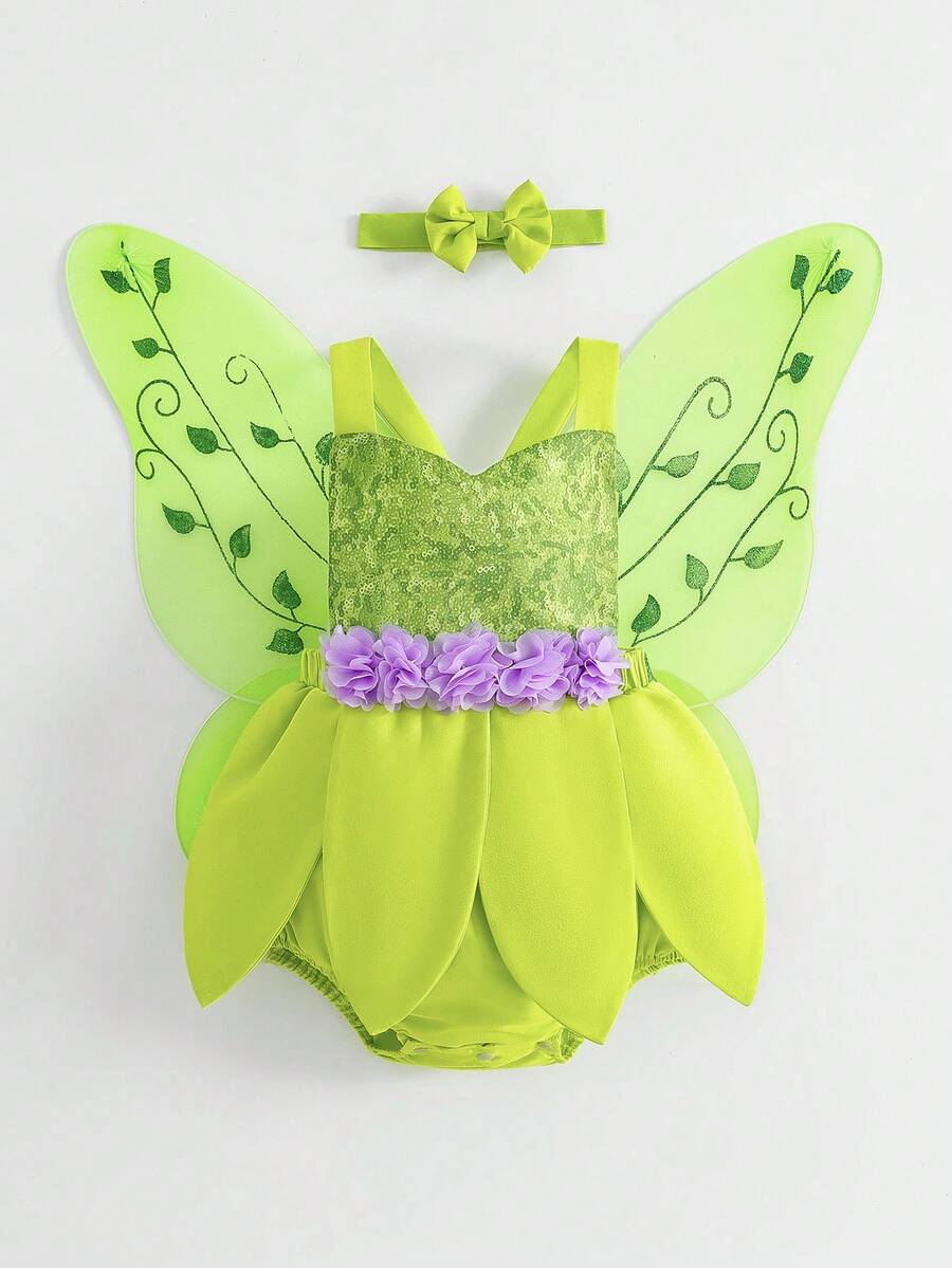 SHEIN 3pcs/Set Baby Girl Sequin Floral Print Bodysuit With Wings And Headband - Green - View 1