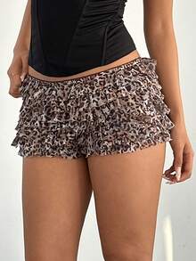 Aloruh Women's Fashion Colorblock Lace Trim Bow Leopard Print Mesh Layered Ruffle Hem Mini Shorts For Music Festival,,For Daily,Office,Outgoing - Multicolor - View 4