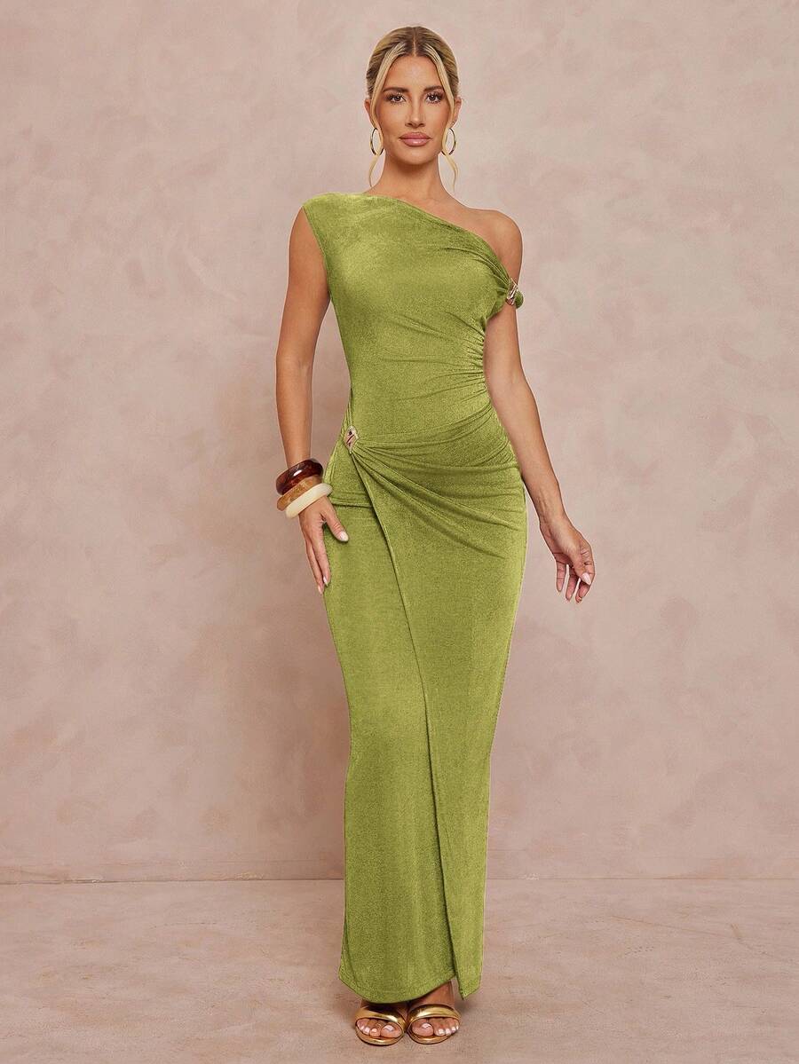 Lumalex 女士不对称露肩金属装饰修身连衣裙 - 綠色 - 查看 1