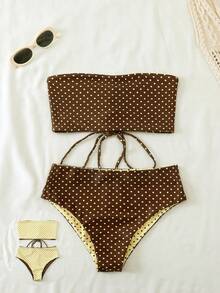 Swim Mod 2026 Spring/Summer Yellow Base Brown Polka Dot & Striped Reversible Design Backside Drawstring Side High Cut Women Bikini Swimwear - Multicolor - View 1
