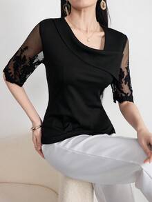 Mulvari 女士不对称领口撞色网眼夏季T恤印花T恤女式上衣 - 黑色 - 查看 8