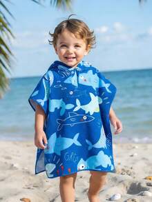 Young Boys' Sleeveless Shark Print Knit Cover-Up, Cute Blue Cartoon Design, Casual Suitable For Swimming, Beach, Pool, Summer Vacation, Holiday Kids Poncho Towel Kids Swim Suit Cover Up Kids Clothing Sun Protection Kids Swim Cover Up Kids Beach Cover Up Kids Beach Towels - Blue - View 3