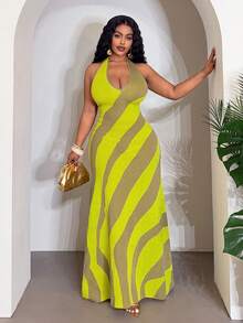 Slaydiva 2026 Early Spring Plus Size Women's Music Festival, Easter, Western, Nomadic, Birthday Party, Graduation, College, Student, Daily Wear, Basic Versatile, Casual, Vacation, Cruise Travel, Beach, Sunbathing, Viral, Streetwear, Wedding Guest, Commute, Brunch, Airport, Party, Holiday Outing, Elegant Gala, Ball, Relaxed, High-End Elegant Colorblock Halter Backless Maxi Fringe Knit Dress - Multicolor - View 4