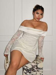 Maria Perezxox 女士优雅露肩蕾丝拼接迷你连衣裙，适合生日派对、返校节、毕业舞会、姐妹聚会、下午茶 - 杏色 - 查看 5