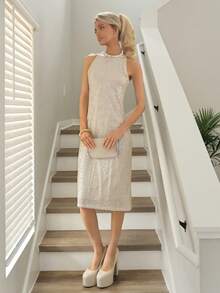 Sydney Algeri 女士法式浪漫西西里优雅休闲通勤度假下午茶圣诞派对奢华亮片圆领无袖修身中长连衣裙，春/秋/冬 - 香檳色 - 查看 4