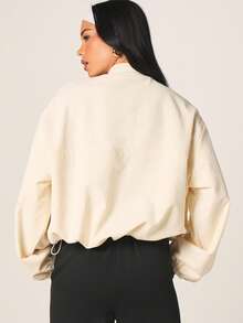 MISSGUIDED Women Cream Textured Bomber Jacket With Zip Front And Elastic Waist Band For Casual Layering - Beige - View 2