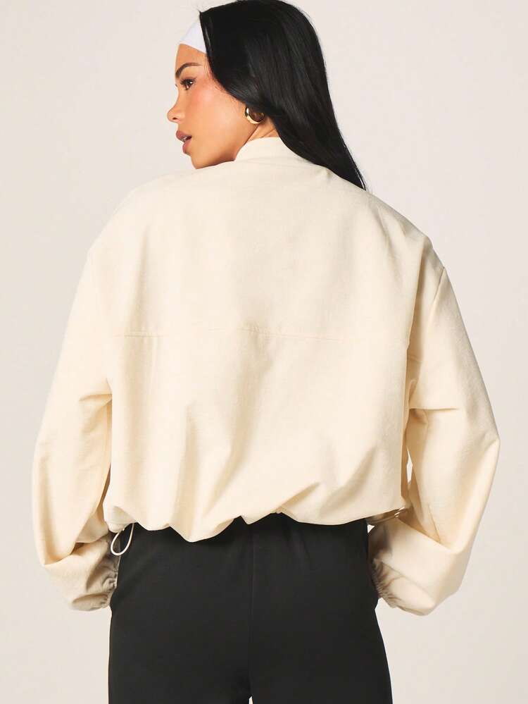 MISSGUIDED Veste bomber texturée crème pour femmes avec fermeture éclair avant et bande élastique à la taille pour un style casual en superposition