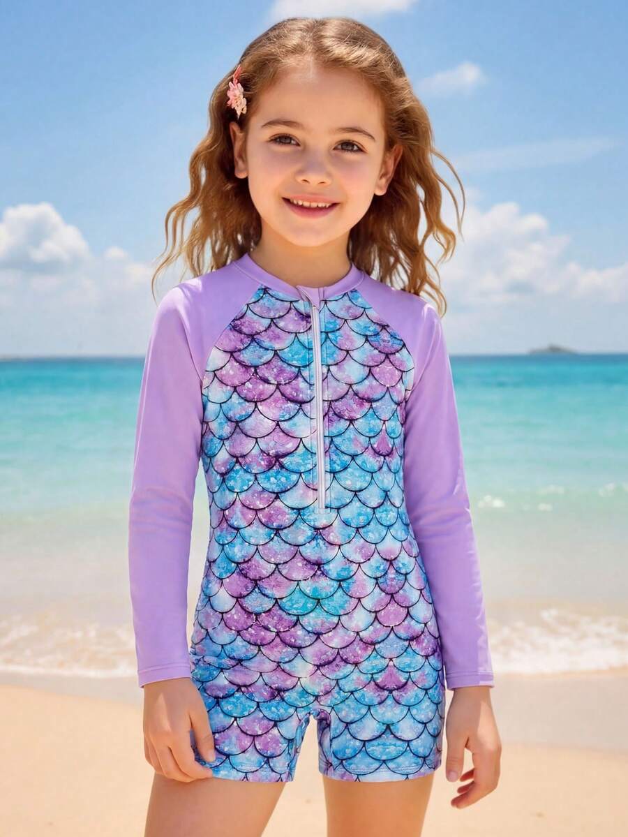 SHEIN New Fashion Girls One-Piece Swimsuit, Mermaid Scale Print Random Long Sleeve & Shorts, Front Zipper, Summer Jumpsuit Swimwear Mermaid Swimsuit For Kids Rash Guard For Kids Girl Swimming Suits For Kids Swimming Costumes For Kids Spring Summer Picks Kids Swim Wear For Girls Girl Swimsuit Beachwear For Kids Girls Rash Guard Swimwear With Sleeve Beach Wear For Kids Swim Wear For Kids - Purple - View 1