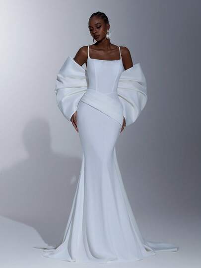 Elitara Elegante y lujoso vestido maxi de satén blanco con patchwork, tejido elástico sin mangas, plisado, con decoración de lazo oversize y chal desmontable, adecuado para ocasiones formales y bodas