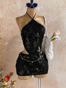 Soleia 女士度假沙滩亮片露背吊带上衣和迷你裙两件套 - 黑色 - 查看 1