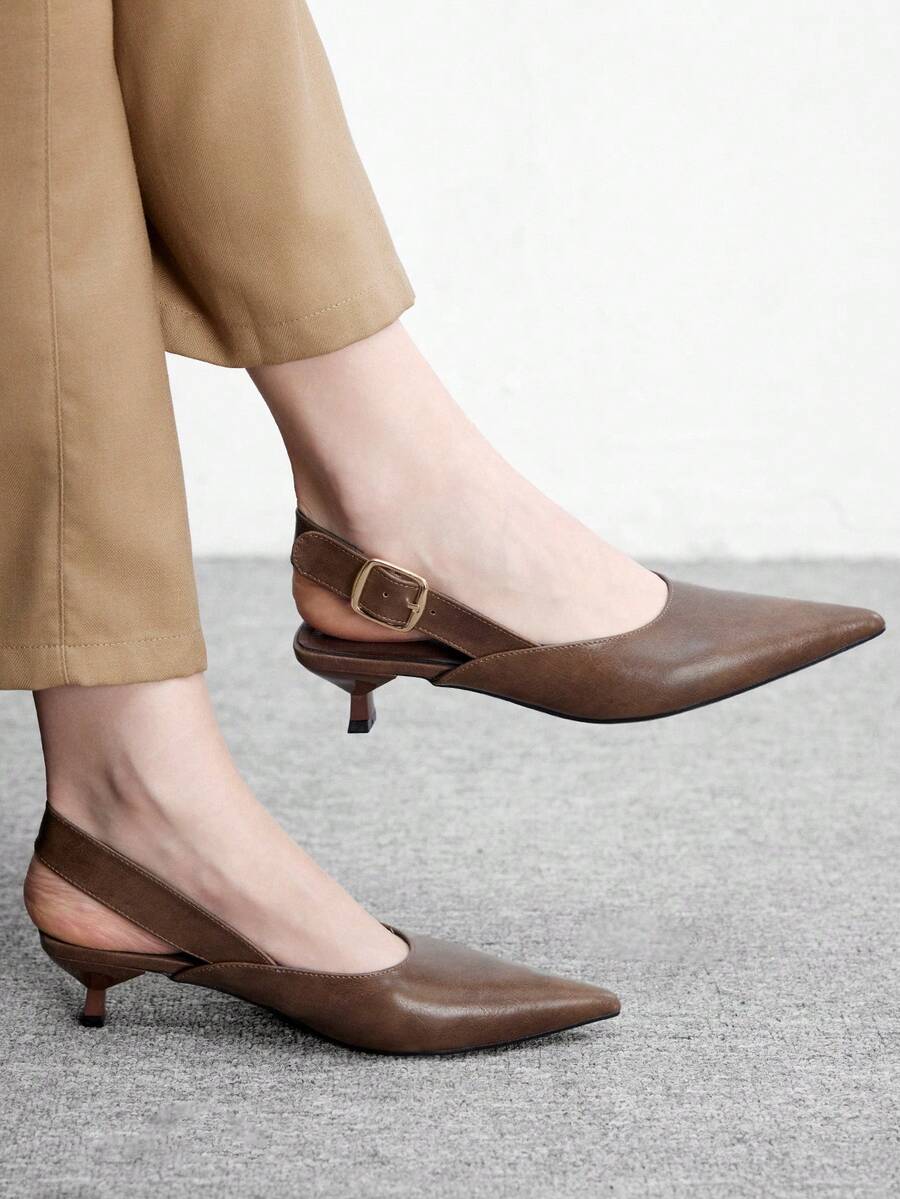 CUCCOO BIZCHIC Women's Pointed Brown PU Metal Buckle Slingback Stiletto Temperament Commuting Fashion Wear High-Heeled Sandals Spring Shoes - Brown - View 1