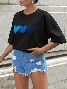 SHEIN Cottnline 100%Cotton WHITE OVERSIZE T-SHIRT WITH EMBROIDERY HEART DETAİL - Black - View 4