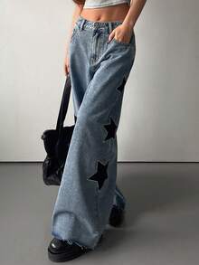 DAZY Quần jeans nữ ống đứng cạp thấp in hình ngôi sao bên hông, kiểu dáng thường ngày. - Rửa trung bình - Xem 6