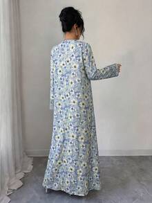 Yasmyna 女士优雅印花V领长袖阿拉伯风格连衣裙，秋季 - 藍色 - 查看 2