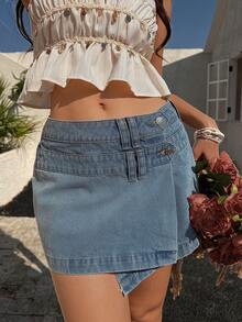 Sunnyshic Women's Button Casual Versatile Daily Wear Denim Mini Skirt - Light Wash - View 1