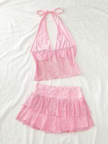 Roelina Women's Lace Sheer Splice Halter Tie Blouse And Mini Skirt Sexy 2-Piece Set For Date/Party - Pink - View 2