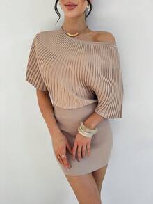 Firerie Women's Spring/Summer New Minimalist Elegant Daily/Office Commute Asymmetric Shoulder Knit Dress - Apricot - View 9