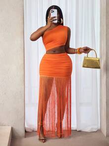 BamGleam 性感露肩时尚上衣 + 橙色流苏百褶裙套装 - 橘色 - 查看 6