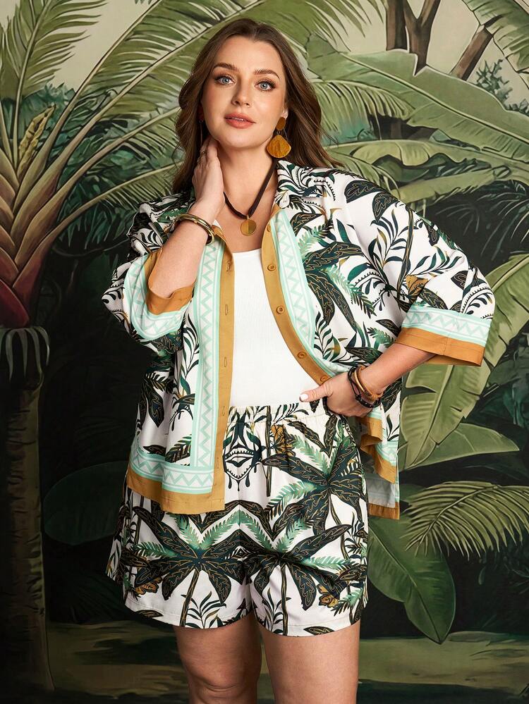 Plus Size Summer Vacation Plant Print Button-Front Shirt And Shorts 2 Pieces Set
