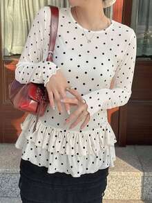 FRIFUL Women's Polka Dot Round Neck Pleated Fashionable Versatile Daily Wear Long Sleeve Top - Beige - View 3