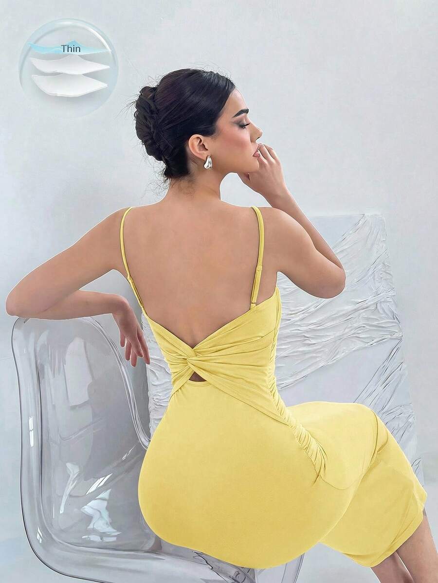 Aloruh Backless Tie-Back Spaghetti Strap Dress, Stretchy, Summer - Light Yellow - View 1