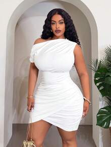 Slaydiva Elegant White Summer Plus Size Mini Dress,Night Out Club Party Wedding Graduation Date,Slim Asymmetric Sleeveless Ruched Hem Elastic Knit Fabric - White - View 2