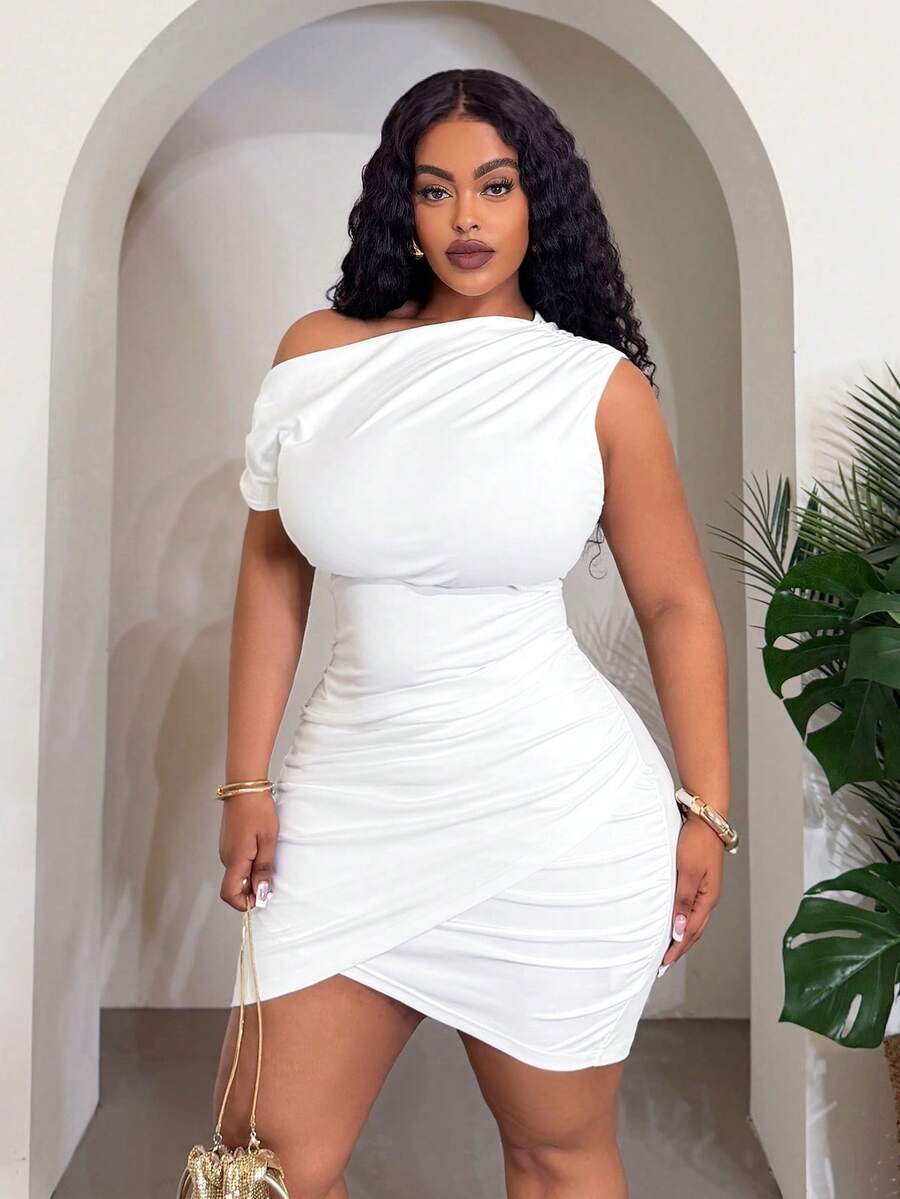 Slaydiva Elegant White Summer Plus Size Mini Dress,Night Out Club Party Wedding Graduation Date,Slim Asymmetric Sleeveless Ruched Hem Elastic Knit Fabric